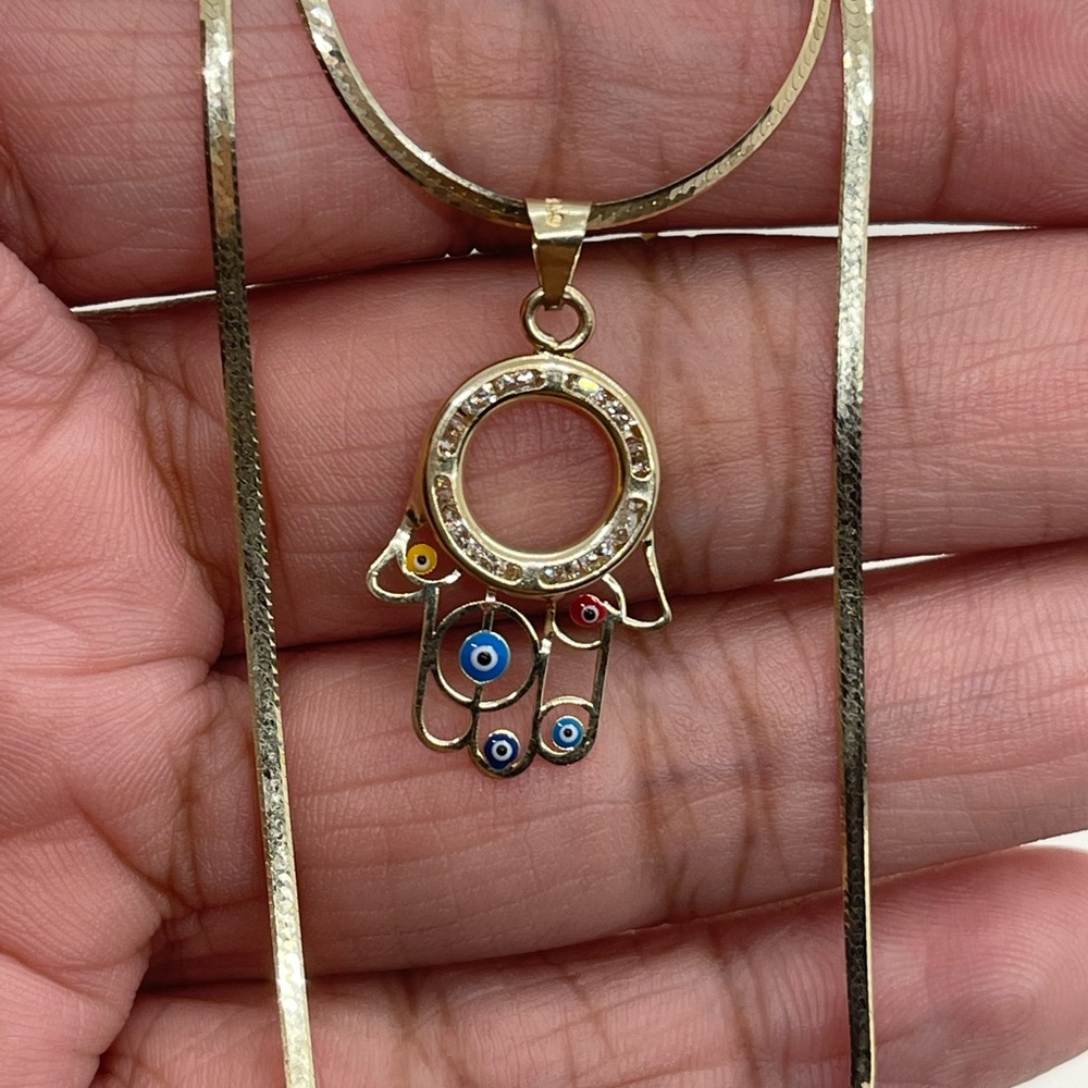 10K Gold Hamsa Herringbone Necklace - Picture 3 of 10